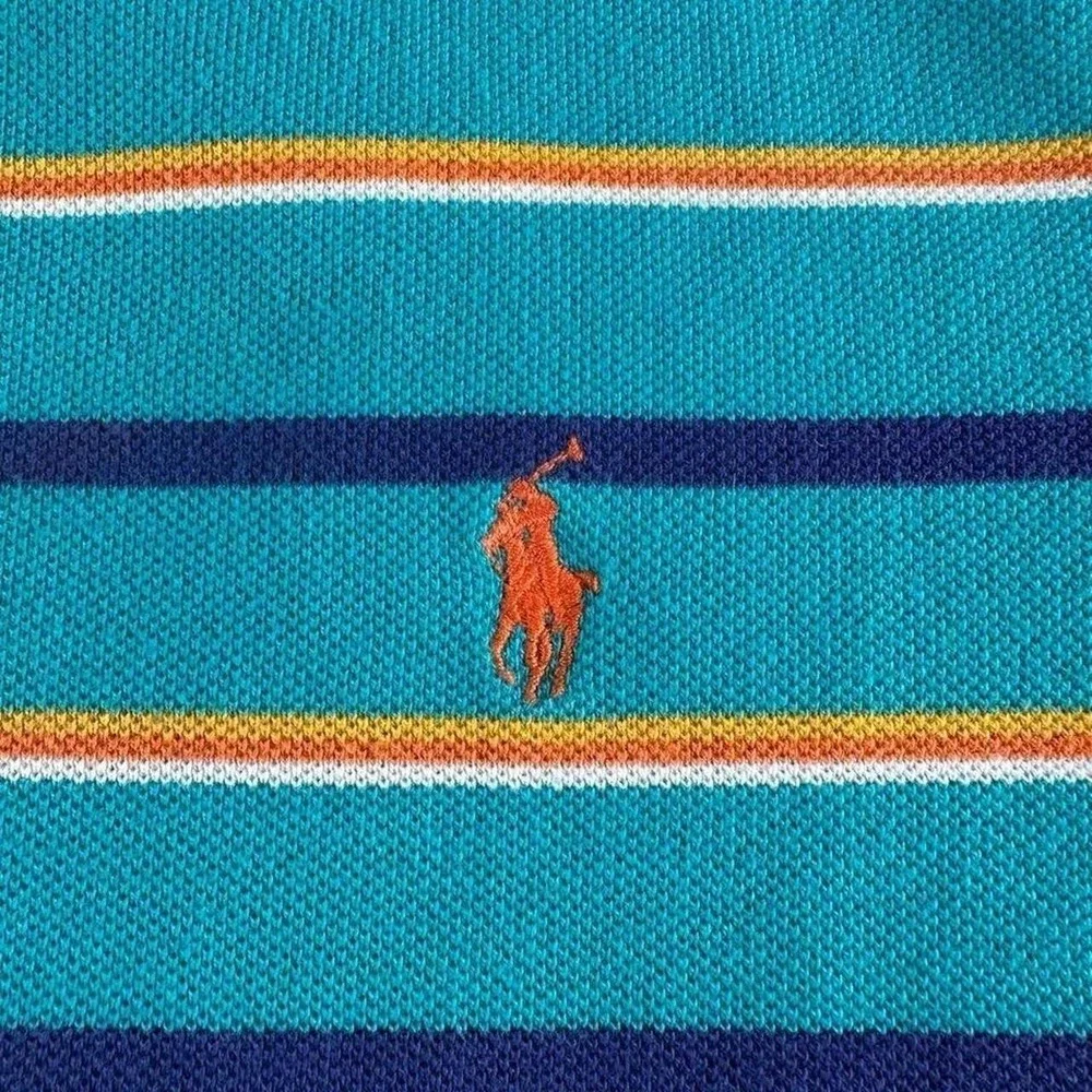 VTG Polo Ralph Lauren Shirt Mens S Teal Blue 90s Multi Stripe Pique Custom Fit